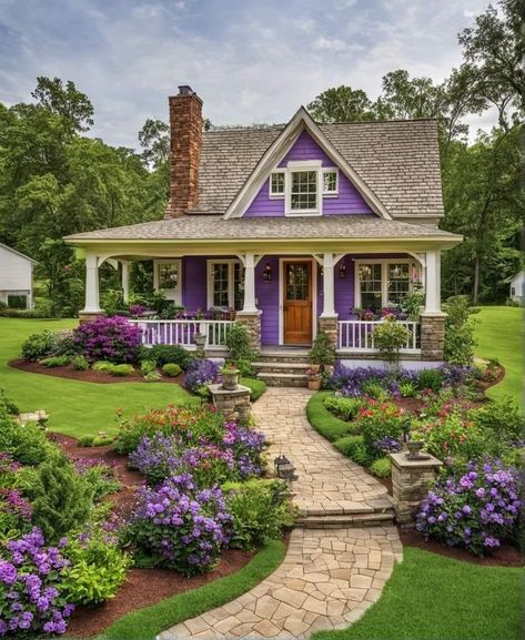 Purple Home Exterior, Pink Cottage House, Tiny Home Ideas, Craftsman Bungalow House Plans, Fairytale Houses, Purple House, Cute Cottages, Fairytale House, Cozy Cottages