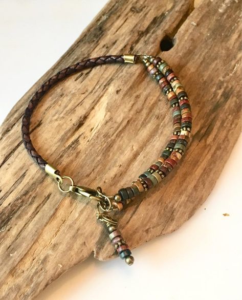 Leather Bracelet Natural Earth Jasper Heishi disc beads Wrap | Etsy Cord Necklaces, Wrap Armband, Leather Jewels, Leather Bracelets Women, Beaded Wrap Bracelets, Braided Leather Bracelet, Boho Leather, A Bracelet, Diy Schmuck