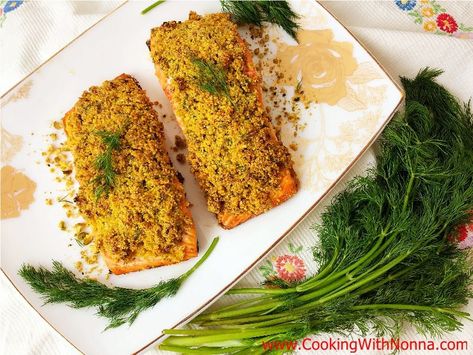 Polenta & Pistachio Crusted Salmon Recipe Nonna Recipes, Red Wine Chocolate Cake, Amaretti Cookie Recipe, Crusted Salmon Recipes, Pistachio Crusted Salmon, Pancetta Recipes, Italian Pastries, Crusted Salmon, Italian Cookies