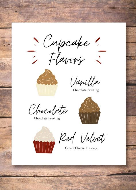 Customize your own Cupcake Flavor Wedding Sign. This download will provide a link to Canva.com where you will be able to change the text to fit your wedding needs. Download instructions are provided so you can upload your design to an external printing service (Staples, etc). Please note that when ordering the poster, the size is 8"x10". Wedding Cupcake Display, Cupcake Signs, Cupcake Table, Wedding Graphics, Sign For Wedding, Wedding Needs, Velvet Cream, Cupcake Display, Cupcake Flavors