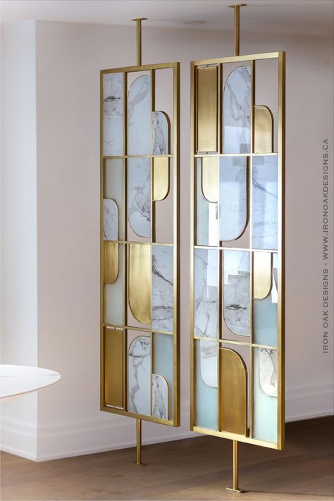 HANDMADE BRASS ROOM DIVIDER W/ STONE & GLASS ACCENTS Hall Divider Interior Design, Hall Divider, Glass Partition Designs, Modern Partition, Modern Partition Walls, Room Divider Ideas, Partition Designs, Wall Partition Design, Painted Living Room Furniture