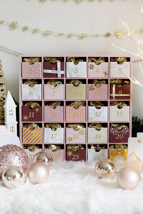 Glam Pink & Gold Reusable DIY Advent Calendar - Swoon Worthy Wooden Advent Calendar With Drawers, The Office Advent Calendar, Diy Wooden Advent Calendar Ideas, Pink Advent Calendar, Advent Boxes Diy, Advent Calendar Boxes Diy, Diy Wooden Advent Calendar, Advent Calenders Diy, Reusable Advent Calendar