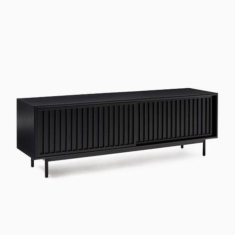 Modern Media Consoles, Cabinets & Storage | West Elm Media Console Design, Black Media Console, Kallax Hack, Tv Cords, Modern Media Console, Media Storage Cabinet, Media Consoles, Black Tv, Small Space Storage