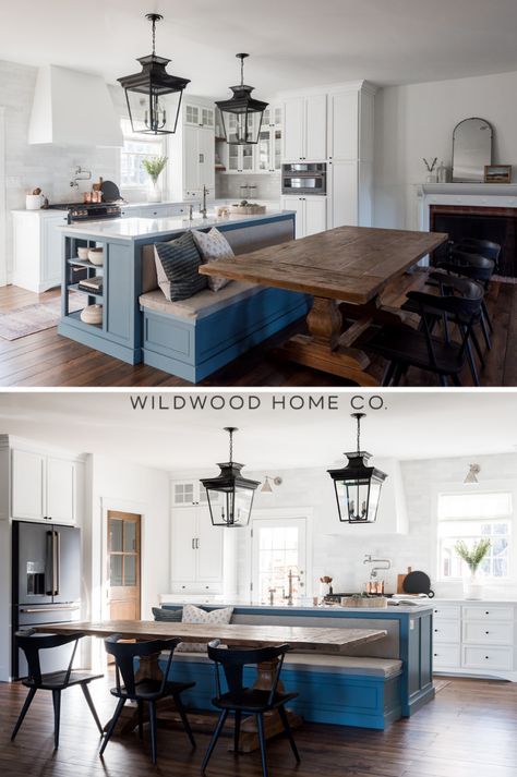 Maximize your kitchen space with smart design choices. This remodel includes banquette seating that adds seating and prep area without sacrificing style. The reimagined space incorporates a pantry and island, with a focus on functionality. The centered hood and island sink offer a modern aesthetic. Combining soft whites, warm woods, and elegant hardware creates a warm atmosphere. Natural light, clean lines, and maximum use of space result in a timeless kitchen that blends style and practicality. Island Sink, Large Dining Room Table, Top Kitchen Trends, Two Tone Kitchen Cabinets, Timeless Kitchen, Banquette Seating, Island With Seating, Style Makeover, Large Dining Room