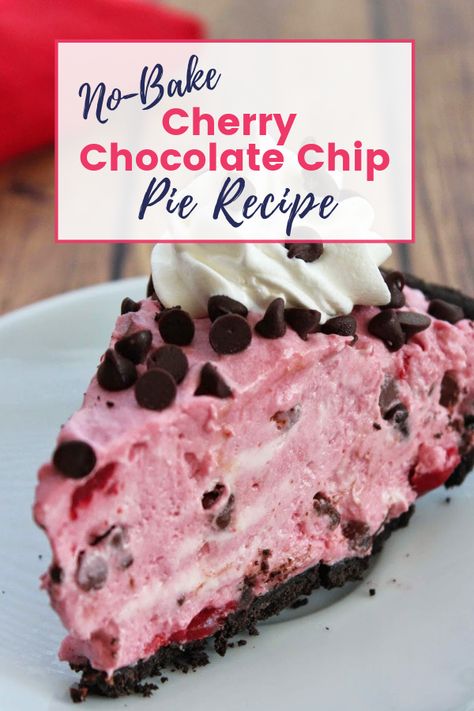 Easy No Bake Cherry Chocolate Chip Pie Recipe.  This is an easy no-bake dessert idea for Valentine's Day.    Pie Recipe - No-Bake Pie - No Bake Pie Chocolate Chip Pie Recipe, Chocolate Cherry Pie, No Bake Pie, Chocolate Chip Pie, Cherry Pie Recipe, Easy Pie Recipes, Cherry Chocolate, Cherry Desserts, Slow Cooker Desserts