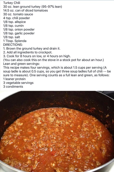 Turkey Chili Medifast Recipes, Optavia Lean And Green, Lean Protein Meals, Lean And Green, Lean Meals, Lean And Green Meals, Turkey Chili, Bariatric Recipes, Greens Recipe