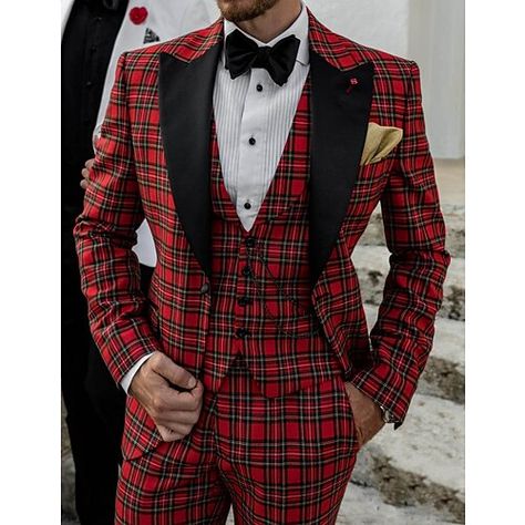 Category:Suits; Embellishment:Pocket; Season:Spring, Fall, Winter, Summer; Fabric:Cotton Blend; Includes:Jacket,Pants,Vest; Occasion:Wedding; Fit Type:Tailored Fit; Jacket Buttons:Single Breasted One-button; Vest Buttons:4; Pattern:Plaid Checkered; Neckline:Peak; Listing Date:10/27/2023; Production mode:External procurement; Pant Length:; Pants Waist:; Shoulder Width:; Sleeve Length:; Bust:; Hips:; Clothing Length:; Number of Pieces:3 Piece; Design:Classic Suit 3 Piece, Wedding Tuxedo, Button Vest, Knitted Balaclava, Groom Tuxedo, Tuxedo Wedding, Tuxedo Suit, Jacket Vest, Peak Lapel