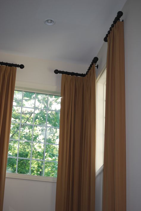 Corner Rods; Short Rods w/ Panels Side Curtain Rods Living Room, Side Panels, Corner Drapes, L Window Curtains, Corner Curtain Rods, Short Curtain Rods Ideas, Corner Curtains Living Room, Half Curtain Rod Ideas, L Shaped Window Curtains