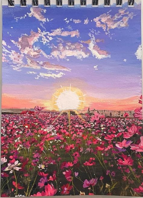 Garden Paintings Acrylic, Acrilic Paintings Flower, Paintings Acrylic Aesthetic, Gouache Art Landscape, Himi Gouache Art, Aesthetic Gouache Art, Field Of Flowers Painting, Flower Landscape Painting, Acrylic Painting Inspiration