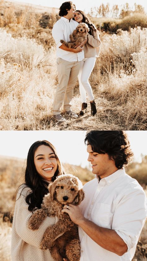 Golden couples session in the foothills with their sweet goldendoodle puppy Fall Couple Pictures With Puppy, Fall Couple Shoot With Dog, Couples Puppy Photoshoot, Pictures With Puppy Ideas, Puppy Fall Photoshoot, Couple Photoshoot With Puppy, Puppy Pictures With Owners, Family Photo With Puppy, Photo Shoot With Puppy