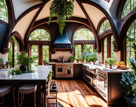 Gothic Tropical, Gothic Kitchen, Tropical Kitchen, Beautiful Kitchen Designs, Dark And Moody, Tropical Style, Functional Kitchen, Kitchen Themes, Lush Greenery