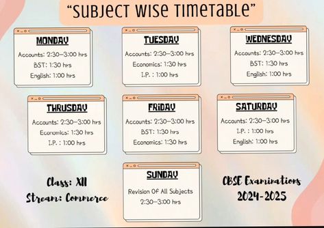 Subject Timetable ✨ plannertemplates #quarterlyplanner☕︎ Timetable For School Student, Subject Wise Study Planner, Study Timetable Design, Study Timetable Subject Wise, Class 12 Commerce Study Time Table, Class 12 Study Time Table, Class 11th Commerce, 12th Study Time Table, 12th Class Study Tips