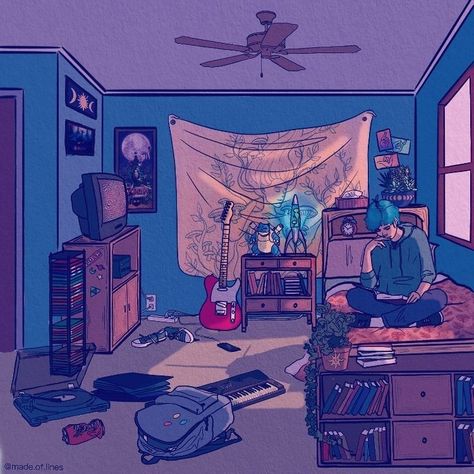 Drawing Of Room Illustration, Gamer Room Drawing, Room Sketch Aesthetic, Bedroom Art Drawing, Digital Art Bedroom Illustrations, Messy Room Drawing Reference, Bedroom Drawings Aesthetic, Person In Room Drawing, Digital Room Drawing