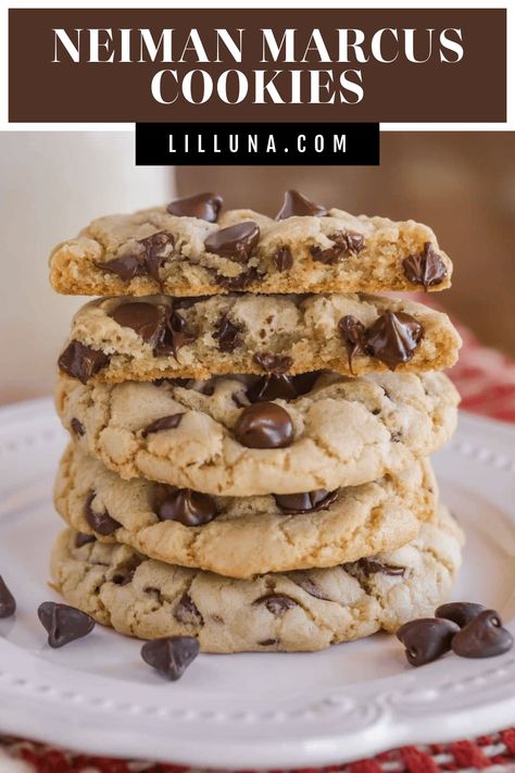 Learn how to make the world famous Neiman Marcus Chocolate Chip Cookies at home. Big, buttery & filled with chocolate chips—these chewy cookies are sure to become a family favorite! #neimanmarcuscookies #cookies #neimanmarcus #desserts #cookierecipe Neiman Marcus Chocolate Chip Cookies, Neiman Marcus Cookie Recipe, Neiman Marcus Cookies, Lil Luna, Chewy Cookies, Famous Chocolate, Delectable Desserts, Chocolate Chip Recipes, Best Chocolate Chip Cookie