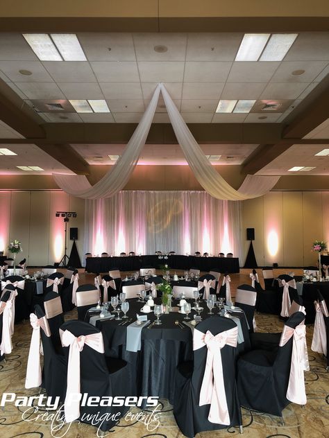 Wall drape, 2 point ceiling swag, blush pink uplights, single letter P monogram, party lighting.  #WallDrape #CeilingSwag #SingleLetterMonogram #Uplights #PartyLighting #CincinnatiWedding #PartyPleasers www.partypleasersservices.com Ceiling Swag, P Monogram, Wall Drapes, Party Lighting, Conference Center, Single Letter, Letter P, Party Lights, Reception Rooms