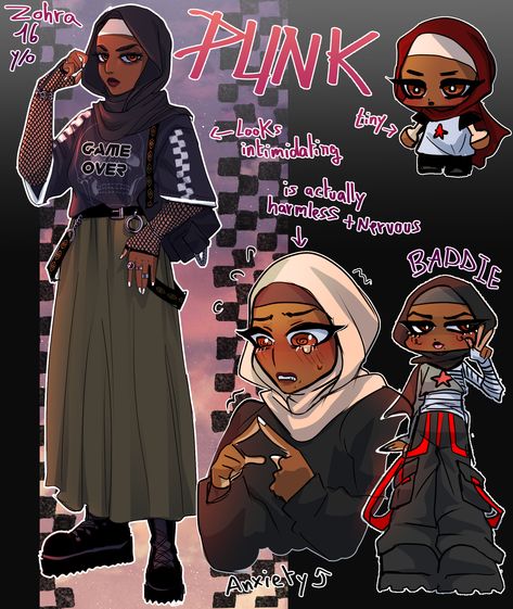 character reference sheet of a muslim moroccan hijabi punk oc original character named Zohra
she looks intimidating badass cold scary but is really just shy anxious and nervous. she loves wearing punk rock fashion alt style grunge aesthetic y2k outfits with long skirts and head scarf she's a brown teenager character
this oc is part of my project : sytyav Hijab Oc Art, Alt Hijabi Outfits, Hijab Character Design, Punk Hijabi, Muslim Character Design, Outfits With Long Skirts, Punk Oc, Hijab Reference, Aesthetic Y2k Outfits