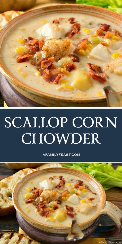 Scallop Corn, Family Feast Recipes, Corn And Potatoes, Scalloped Corn, Bacon Chowder, Seafood Dinners, Coquille St Jacques, Corn Chowder Recipe, Chowder Soup