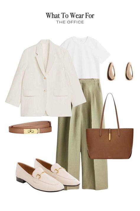 Cream Outfit Ideas, Sage Green Trousers, Office Lady Outfit, Cream Loafers, Green Blazer Outfit, Scarf Fashion Outfit, Professional Office Outfit, Office Outfit Inspiration, Clothes Capsule Wardrobe