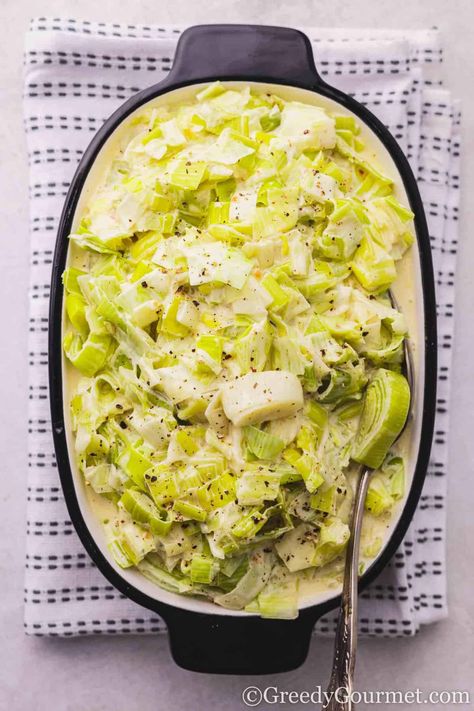 Creamed Leeks Recipe | Greedy Gourmet Braised Leeks Recipes, How To Use Leeks, Creamed Leeks Recipes, Leeks Side Dish, Leek Recipes Side Dishes, How To Cook Leeks, Broad Bean Recipes, Leeks Recipe, Leek Recipes