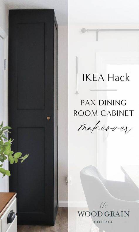 Ikea High Cabinet Kitchen, Ikea Refrigerator Cabinet Hack, Ikea Tall Storage Cabinet, Corner Cabinet Dining Room Decor, Dinning Room Corner Cabinet Ideas, Panty Cabinet Wall, Pantry Cabinet In Dining Room, Ikea Besta Pantry Hack, Add Pantry Cabinet To Kitchen