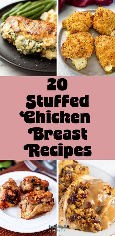 Elevate your dinner game with these 20 delicious stuffed chicken breast recipes! From creamy spinach and feta to gooey mozzarella and sun-dried tomatoes, there's a flavor for everyone. Mozzarella Stuffed Chicken Breast. Mushroom-Stuffed Chicken Breast. Stuffing Stuffed Chicken Breast. Broccoli Stuffed Chicken Breast. Margarita Stuffed Chicken, Stuffed Chicken Crockpot Recipes, Stuffing Stuffed Chicken Breast, Chicken Breast Recipes Stuffed, Keto Stuffed Chicken Breast, Stuffing Stuffed Chicken, Italian Stuffed Chicken Breast, Chicken Breast Broccoli, Broccoli Stuffed Chicken