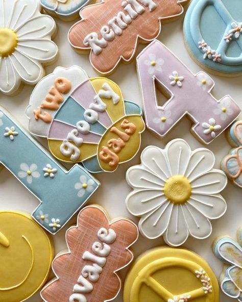 Four Ever Groovy Cookies, Forth Birthday Girl Theme Ideas, 4 Ever Groovy Birthday, Four Ever Groovy Birthday, Fourever Groovy, Four Ever Groovy, Groovy One, 9 Birthday, Groovy Birthday