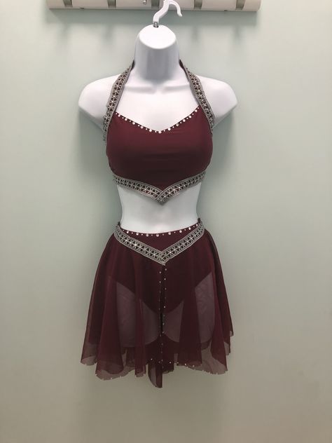 Wine spandex and mesh two piece with silver trim Maroon Dance Costumes, Dance Outfits Competition, Cute Dance Outfits, Dance Costume Ideas, Outfit Dance, Cute Dance Costumes, Pretty Dance Costumes, Dance Costumes Dresses, Plant Styling