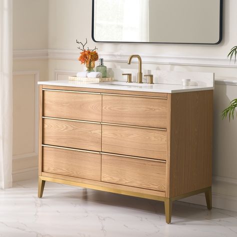 35'' H Solid Wood Bathroom Vanity with Stain-resistant Carrera Quartz White Top and Sink - Bed Bath & Beyond - 38443236 Wood Bath Vanity, Quartz Vanity, Beautiful Profile, Quartz Vanity Tops, Wall Vanity, Wood Bath, Wood Bathroom Vanity, Aesthetic Clean, White Quartz Countertop