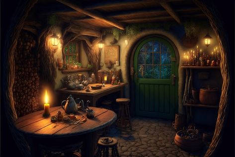 Fantasy Hideout, Fairytale Cottage Interiors, Night In Forest, Resin Art On Canvas, Fantasy House Interior, Hobbit House Interior, Casa Hobbit, Painting On Canvas For Beginners, Fantasy Cottage