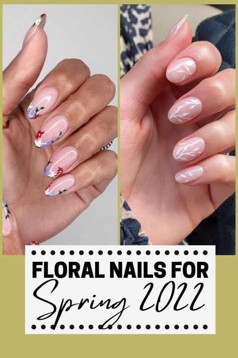 Looking for a neutral Spring Nails look? Check out these chic nails featuring a nude color with light green accents. Nail Designs Spring 2022, Nail For Spring, Spring 2022 Nails, Neutral Spring Nails, Floral French Tip, Trending Summer Nail Colors, Nail 2023 Spring, Spring Nails Floral, Spring Nail 2023