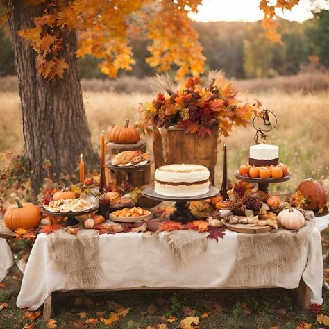 Fall Wedding Outside Receptions, Fall Wedding Entry Table, Fall Cookie Table Display, October Outdoor Party, Fall Wedding Food Table, Cheap Fall Wedding Decor, Fall Wedding Dessert Table Ideas, Picnic Table Wedding Reception, Fall Dessert Table Ideas