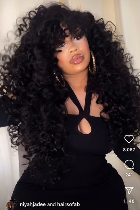 Deep Wave Wig With Bangs, Short Wand Curls, Bouncy Curls Black Women, Big Hair Curls Volume, Curly Bangs Long Hair, Big Hair Black Women, Curly Bangstyle Hair, Black And Blonde Hair Ideas, Dramatic Curls