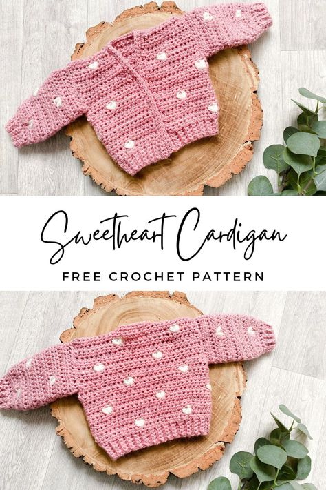 Create a cozy and adorable garment for a little one with this free beginner-friendly crochet cardigan pattern, complete with heart design. Crochet Heart Cardigan, Crochet Baby Cardigan Free Pattern, Baby Cardigan Pattern Crochet, Crochet Baby Projects, Crochet Valentines, Baby Jackets, Crochet Baby Sweater Pattern, Newborn Crochet Patterns, Crochet Baby Sweaters