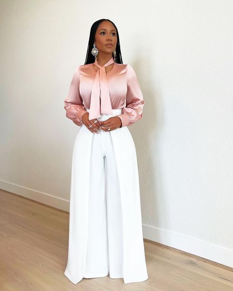 High Waisted Dress Pants Outfits Classy, High Fashion Corporate Wear, Grown Woman Fashion, Bodysuit And Pants Outfit, Ladies Pants, Trending Two Piece Outfits, Two Piece Outfits Pants High Waist, Silky Pants Outfit, Formal Tops For Women