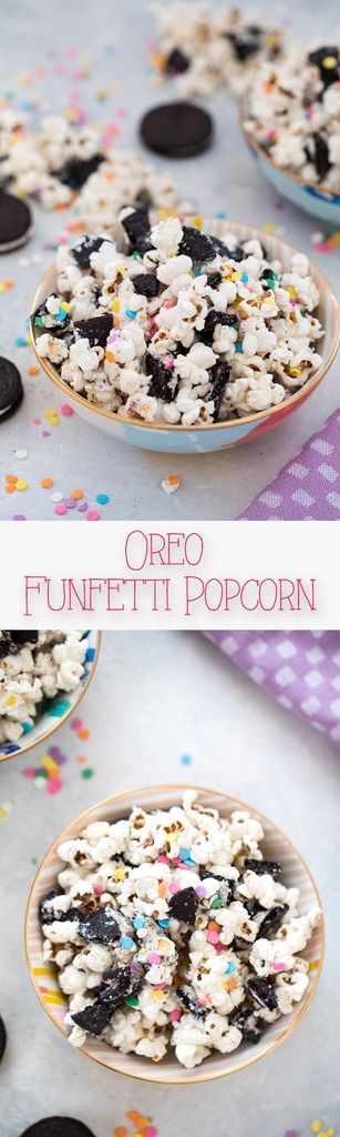 Oreo Funfetti Popcorn -- This dessert popcorn is also known as birthday cake popcorn or party popcorn. Packed with sprinkles and Birthday Cake Oreo Cookies, it's a quick and easy dessert perfect for bringing to parties! | wearenotmartha.com #popcorn #funfetti #oreo #party #easter #spring #birthdaycake #birthdya Funfetti Popcorn, Dessert Popcorn, Oreo Party, Birthday Cake Oreo, Funfetti Oreo, Popcorn Ideas, Cake Popcorn, Birthday Cake Popcorn, Party Popcorn