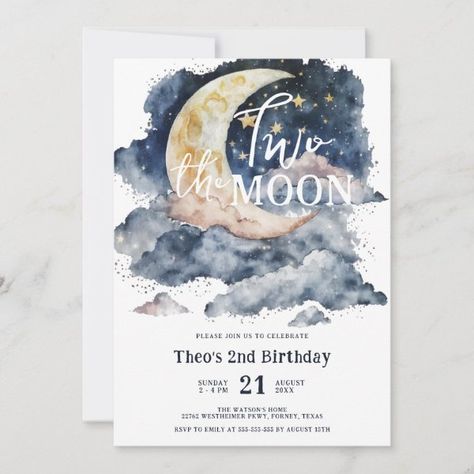 Two the Moon Watercolor Boy 2nd Birthday Invitation Two The Moon Birthday Party Boy, Star Watercolor, Boy 2nd Birthday, Moon Watercolor, Two The Moon, Kids Birthday Invitation, Moon Party, 2nd Birthday Invitations, Boy Birthday Invitations