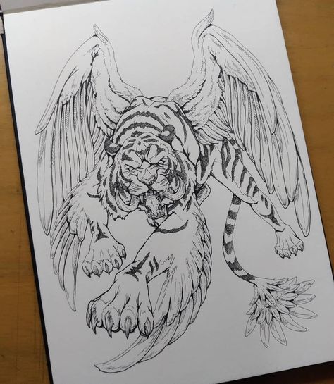 Tiger With Dragon Tattoo, Winged Tiger Tattoo, Winged Lion Drawing, Celestial Tiger Tattoo, Tiger With Wings, Winged Tiger, Sm Logo, Japanese Tiger, One Piece Tattoos