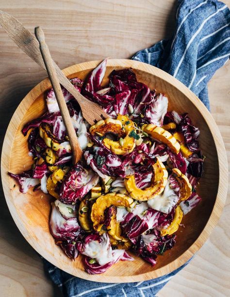 Radicchio And Roasted Delicata Squash Salad by Brooklyn Supper // I made this the other night (without the parm so it was vegan), and there were zero leftovers. ZERO! This is tangy, crunchy, sweet, and light, and it comes together quickly. (Vegetarian, Gluten-Free) Delicata Squash Salad, Whole30 Recipes Lunch, Grilled Vegetable Sandwich, Roasted Delicata Squash, Autumn Salad Recipes, Radicchio Salad, Squash Salad, Delicata Squash, Autumn Salad