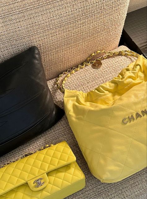 Yellow Aesthetic Black Women, Yellow Chanel Bag, Yellow Closet, Yellow Aesthetics, Chanel Aesthetic, Colors Aesthetic, Parisian Aesthetic, Rose Bag, Chanel Jumbo