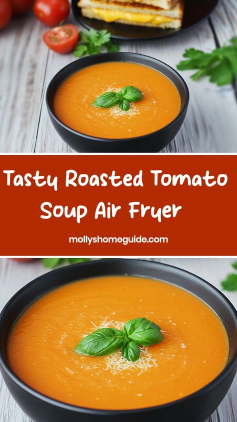 Indulge in a comforting bowl of roasted tomato soup made effortlessly in the air fryer. This easy recipe combines the deep, rich flavors of roasted tomatoes with the convenience of air frying for a quick and delicious meal. Perfect for cozy nights or busy days when you need a warm and satisfying dish without spending hours in the kitchen. Try this delightful twist on a classic favorite and enjoy the simplicity and bold taste that comes with roasting tomatoes in your air fryer. Air Fryer Tomato Soup, Roasting Tomatoes, Tomatoes Soup, Fried Recipes, Roasted Tomato Basil Soup, Tomato Soup Homemade, Roasted Tomato Soup, Air Fry Recipes, Tomato Basil Soup