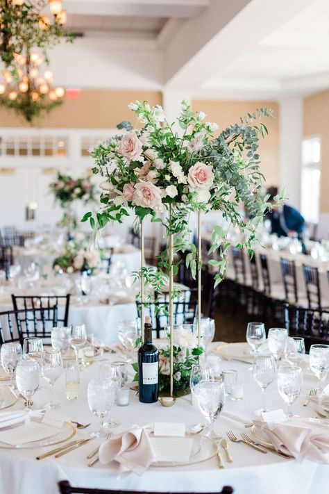 Tall centerpiece with a beautiful mix of blush, white and array of greenery with a gold stand Tall Centerpiece Wedding, Tall Centerpiece, Tall Wedding Centerpieces, Classic Romance, Centerpiece Wedding, Large Centerpiece, Tall Centerpieces, Wedding Flower Inspiration, Wedding Centerpieces