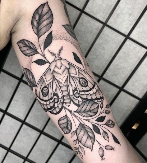 Moth Leaves Tattoo, Moth Rose Tattoo, Cool Moth Tattoo Designs, Moth And Vine Tattoo, Lantern Moth Tattoo, Moth And Leaves Tattoo, Fern Moth Tattoo, Moth Calf Tattoo, Black And Gray Moth Tattoo