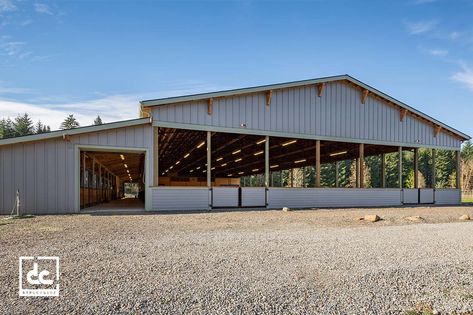 Horse Arena Kits - DC Structures Covered Riding Arena With Stalls, Indoor Horse Riding Arenas, Stable With Indoor Arena, Equestrian Arena Indoor, Indoor Riding Arenas, Indoor Riding Arena With Living Quarters, Covered Arena Ideas, Horse Barn With Indoor Arena, Outdoor Arena Horses