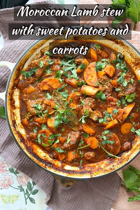 One pot dish, easy to make and very healthy. Lamb teams with sweet potato, carrots and apricot with warm spices to create this lovely stew. Stew slowly for 1-2 hours in oven or make it in a slow cooker. An easy and wholesome lunch or dinner recipe. Replace your sunday roast with this healthy stew #ilandedhere #lambstew #slowcooker #stew #healthyfood Lamb Stew Slow Cooker, Stew With Sweet Potatoes, Moroccan Lamb Stew, Lamb Chili, Sweet Potatoes And Carrots, Healthy Stew, Lamb Stew Recipes, Lamb Dinner, Slow Cooker Sweet Potatoes