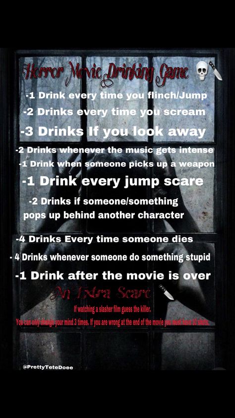 Couldn’t find a Horror Movie Drinking Game So I made my own.   #Horror #ScaryMovie #HorrorMovie #Drinking #DrinkingGame #Games Drinking Game Movie, Halloween Drinking Games, Drinking Game Rules, Movie Drinking Games, Scary Movie Night, Sleepover Party Games, Best Halloween Movies, Drinking Games For Parties, Fun Drinking Games