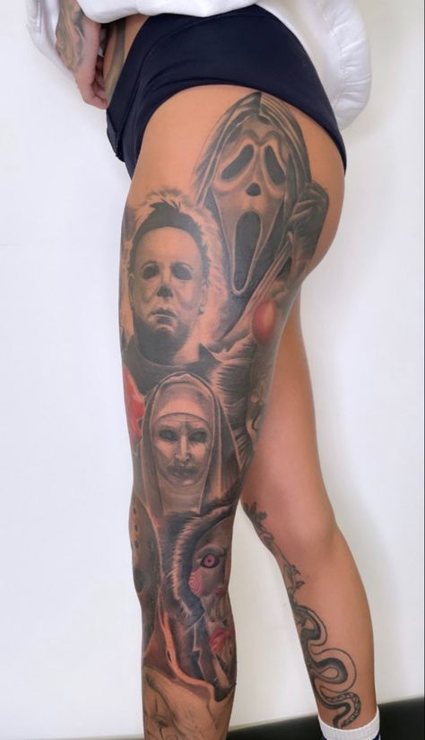 Chucky And Chucky Tattoo, Ghost Face Tattoo Sleeve, Scary Movie Leg Sleeve, Chucky Tattoo On Leg, Scary Movie Tattoos Leg Sleeve, Chucky Gemini Tattoo, Jason Freddy Michael Myers Chucky Tattoo, Horror Movie Leg Tattoos, Horror Tattoo Sleeve Women