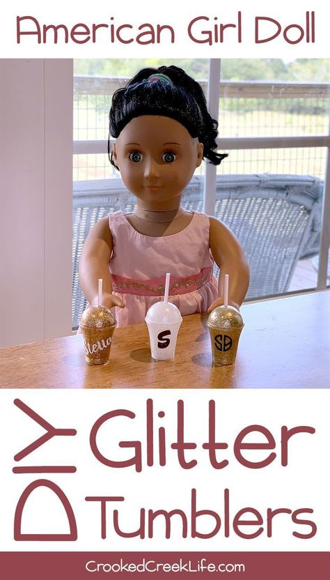 New Video Tutorial: Easy DIY AG Doll Glitter Tumblers • Crooked Creek Life • #americangirl #ourgenerationdoll #dollcrafts #americangirldoll Creek Life, Doll Clothes Diy, Our Generation Dolls, Doll Dress Patterns, Glitter Tumblers, Clothes Diy, Ag Dolls, Tutorial Diy, Doll Crafts