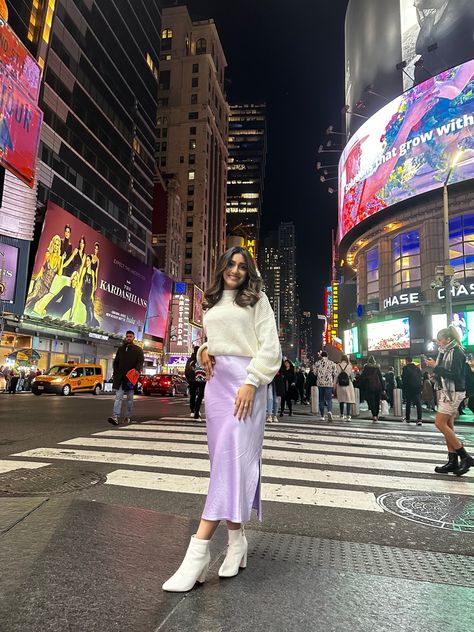 Lavender Silk Skirt Outfit, Lavender Boots Outfit, Purple Winter Outfit Aesthetic, Purple Modest Outfit, Greece Outfit Winter, Purple Silk Skirt Outfit, Light Purple Skirt Outfit, Purple Skirt Outfit Aesthetic, Purple Skirt Outfit Winter