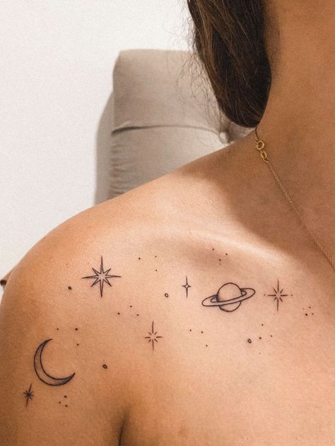 Capricorn And Saturn Tattoo, Birth Stars Tattoo, Planetary Tattoo Ideas, Capricorn And Gemini Tattoo, Constilation Tattoo Shoulder, Capercorn Tattoo, Mmvii Tattoo, Earth Sign Tattoo Capricorn, Astrology Tattoo Capricorn