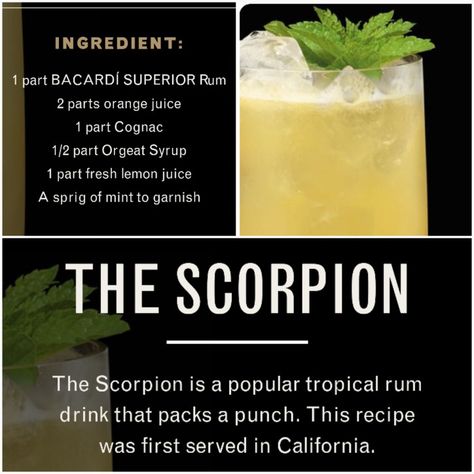 Scorpio Cocktail, Scorpion Facts, Scorpion Drink Recipe, Scorpion Cocktail, Water Scorpion, Crystal Scorpion, Tiki Cocktails, Rum Drinks, Bacardi